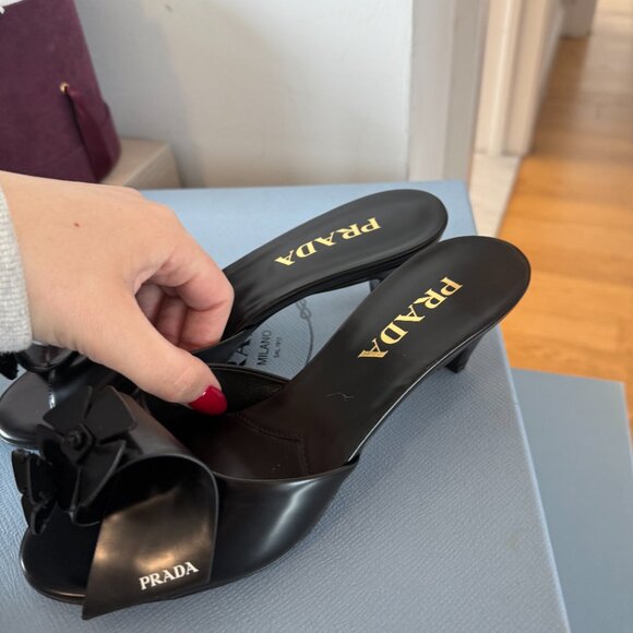 NWT Prada Slip-on Sandals Black Leather Flower Vamp Cone Heels  Sz 36 - Picture 8 of 11